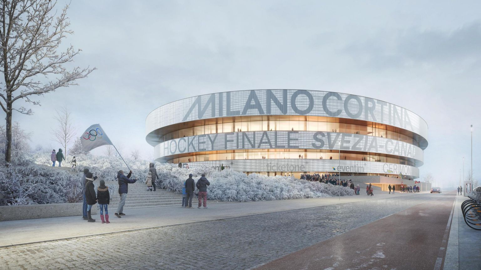 Rendering della nuova arena Milano Santa Giulia per le Olimpiadi di Milano Cortina 2026: l'edificio è ormai quasi completato