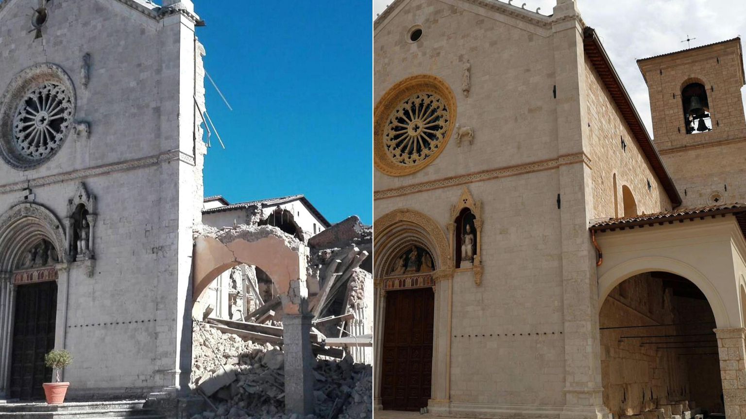 Una combo con a sinistra una foto del 30 ottobre 2016 che mostra la  Basilica di San Benedetto di Norcia distrutta dal terremoto e a destra la Basilica oggi ricostruita. ANSA/MATTEO GUIDELLI/GIANLUIGI BASILIETTI