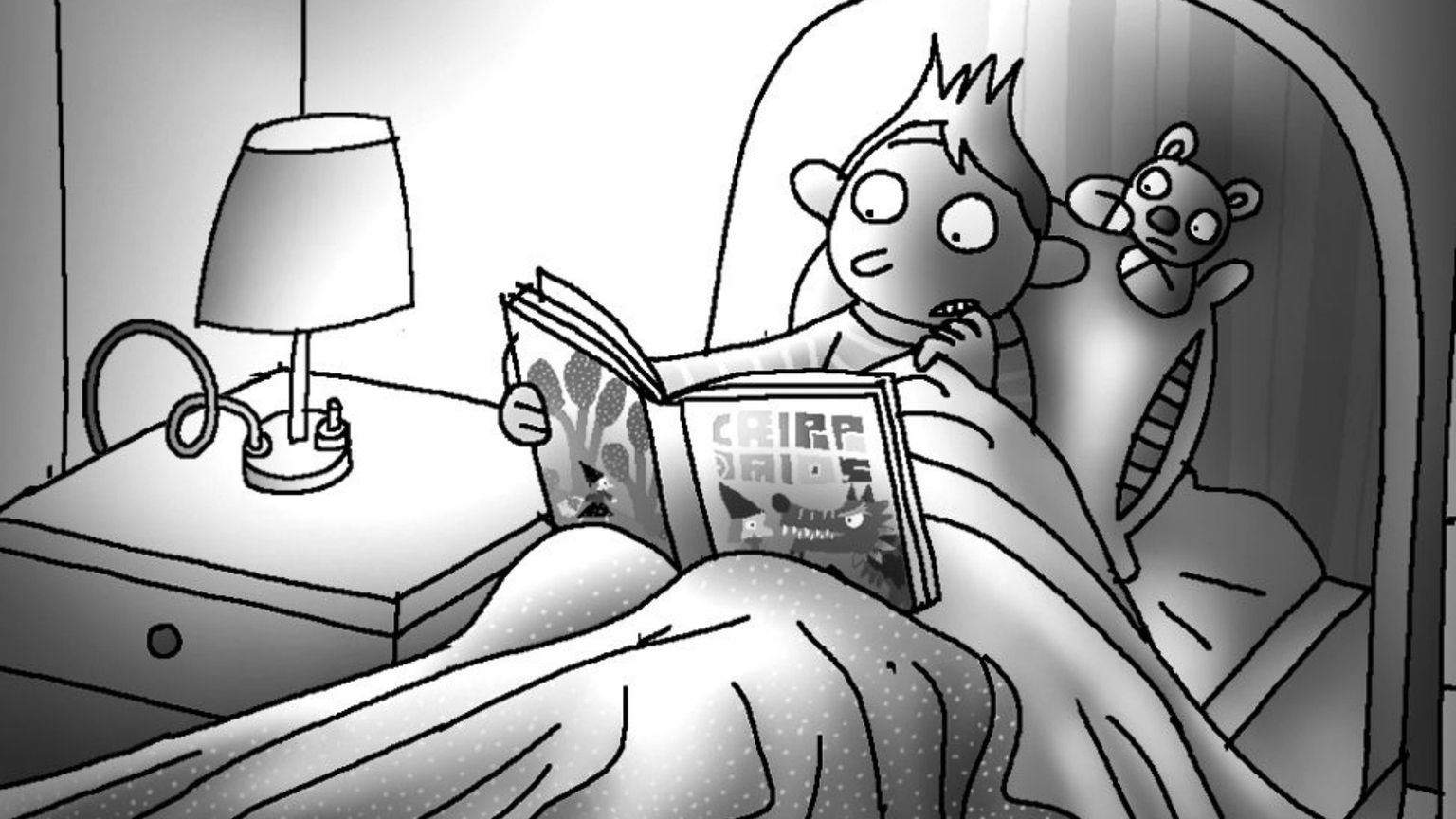 Un bimbo legge una fiaba nel su letto, al buio: l'illustrazione pubblicata su Popotus