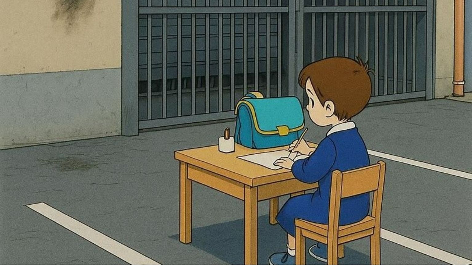 "Questa scuola non è un parcheggio" (immagine generata dalla IA partendo dalla famosa fotografia scattata davanti ad un istituto scolastico di Salerno durante la pandemia del 2020)