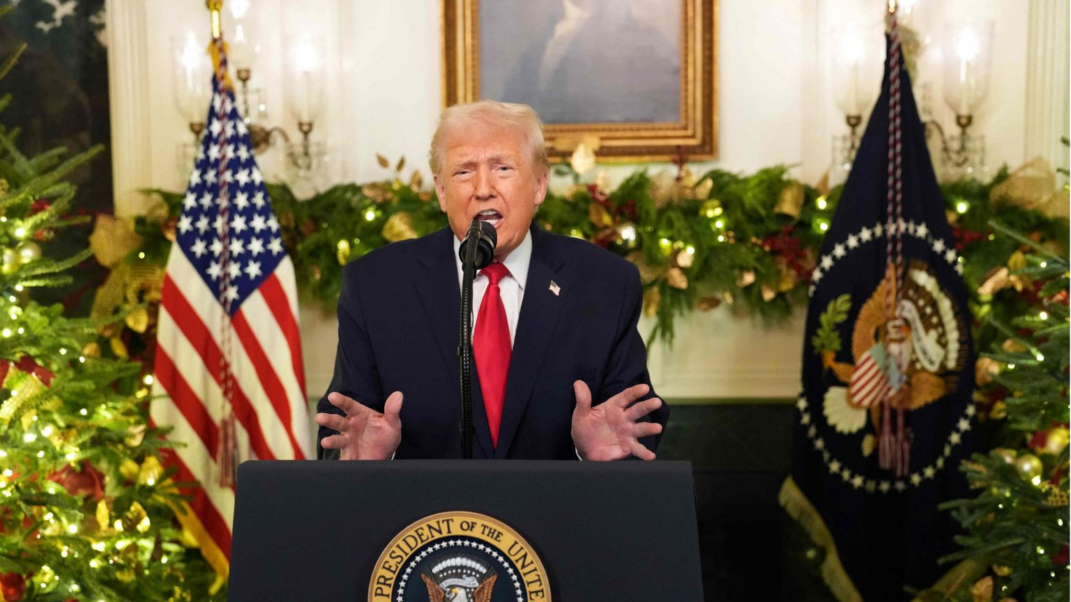 Il presidente Usa Donald Trump parla alla nazione dalla Diplomatic Reception Room della Casa Bianca