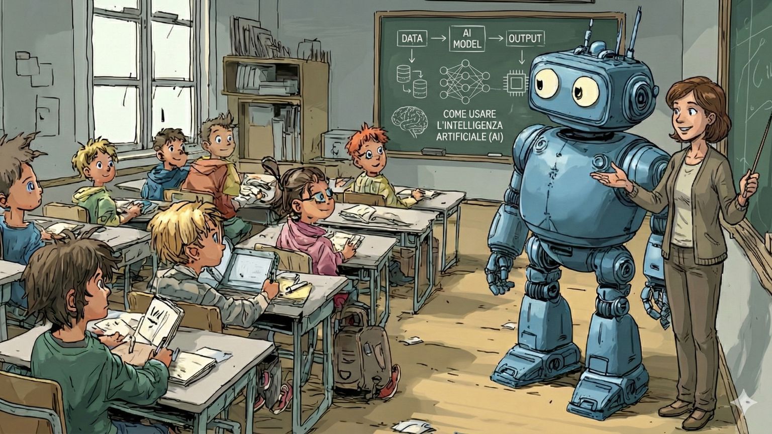 L'immagine è un'illustrazione generata con l'intelligenza artificiale che mostra un'insegnante affiancata da un robot, accanto a una lavagna. Entrambi stanno insegnando una materia scolastica agli studenti.