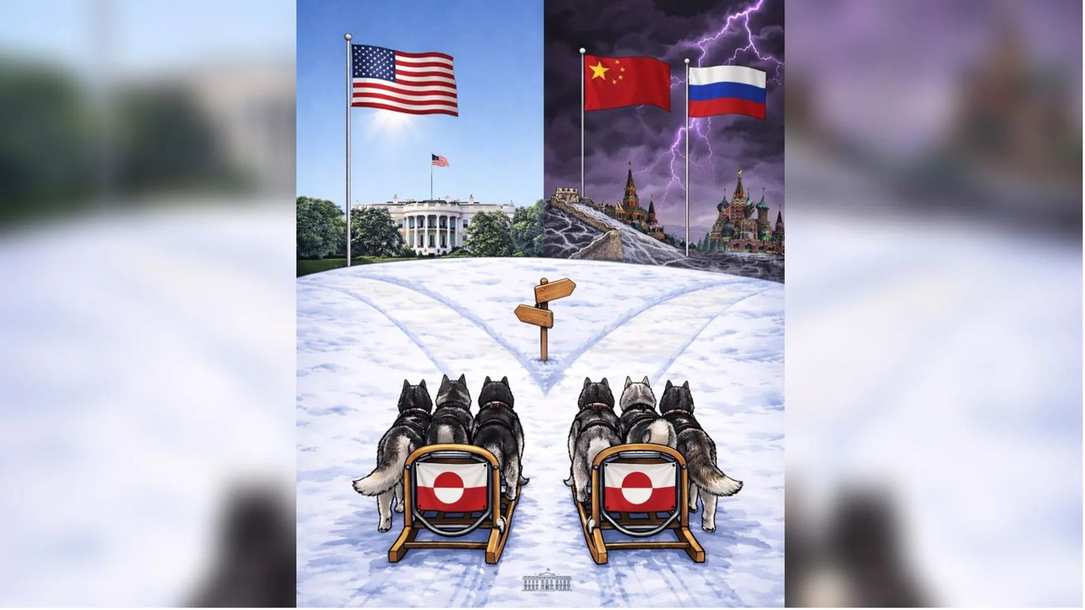 Il post su X della Casa Bianca che ritrae due slitte trainate da cani ferme ad un bivio. «Da che parte groenlandese?» si legge, di fronte alla scelta di procedere verso gli Stati Uniti o verso Cina e Russia