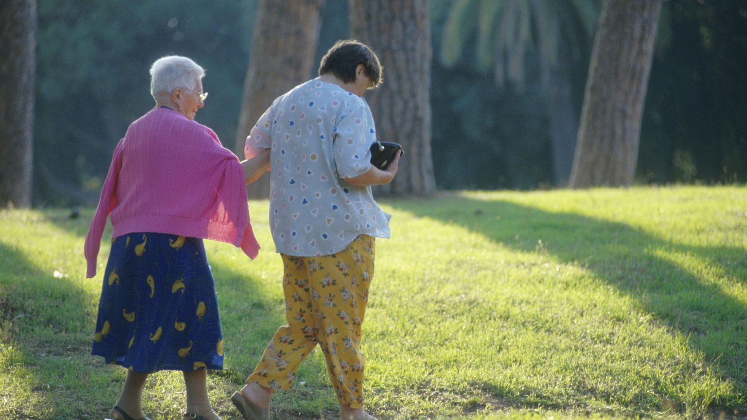 Nella foto si vedono una signora anziana con la sua badante mentre fanno una passeggiata in un parco