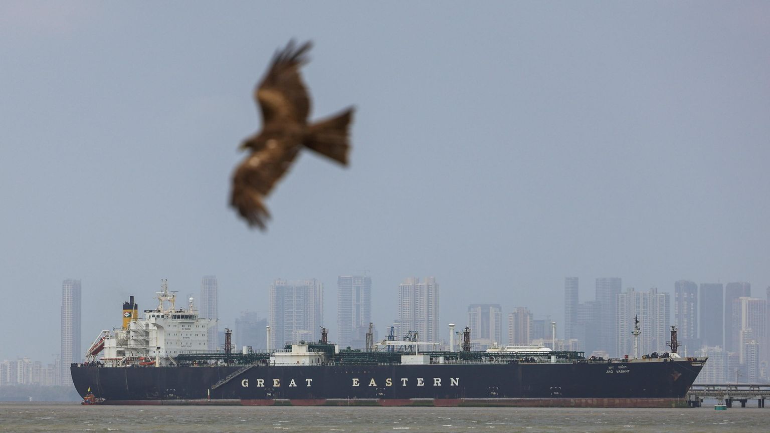 La nave mercantile battente bandiera indiana Jag Vasant arriva al porto di Mumbai, in India, dopo aver attraverso lo Stretto di Hormuz