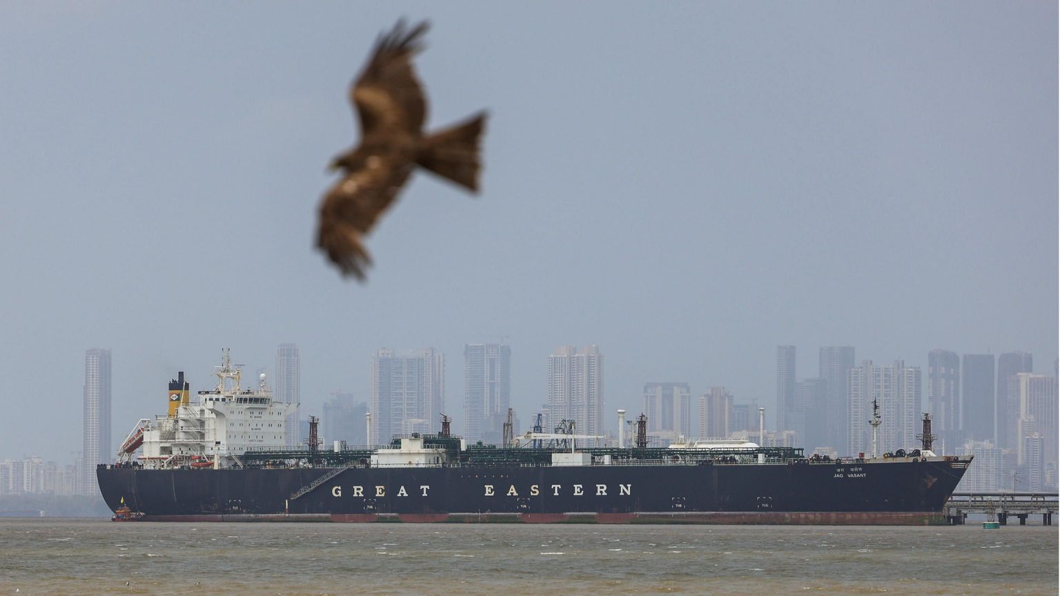 La nave mercantile battente bandiera indiana Jag Vasant arriva al porto di Mumbai, in India, dopo aver attraverso lo Stretto di Hormuz