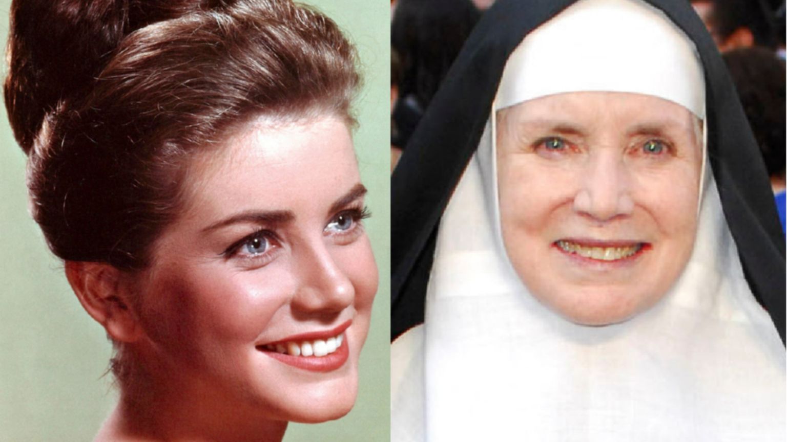 Dolores Hart, da attrice nel 1959 e con gli abiti da religiosa benedettina
