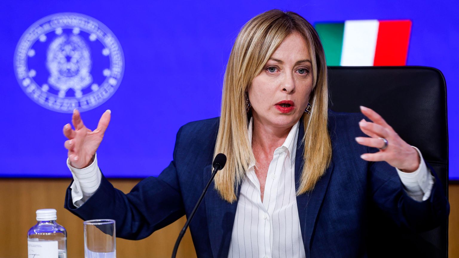 La presidente del Consiglio, Giorgia Meloni, durante la conferenza stampa a Palazzo Chigi del 28 aprile 2026