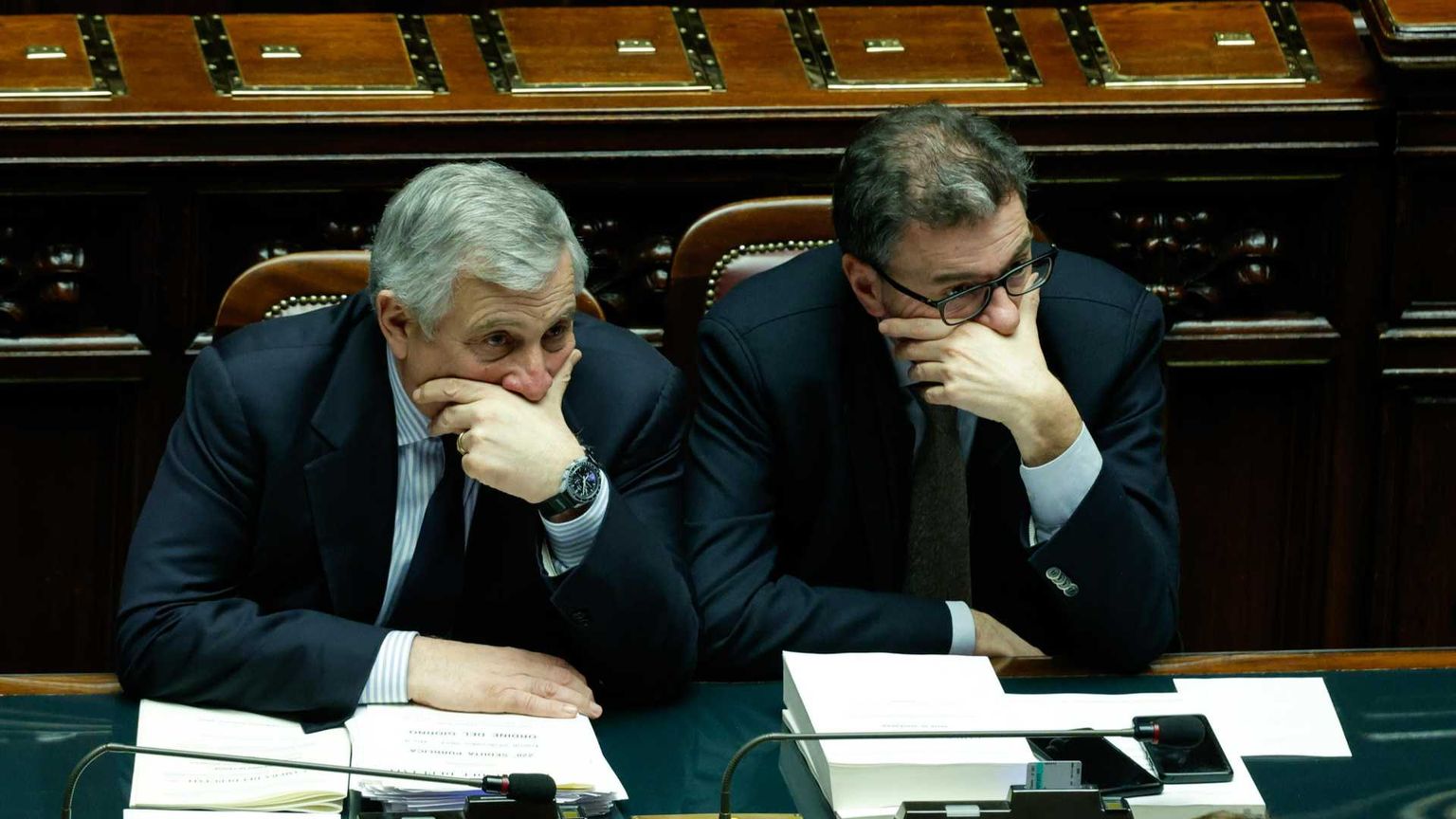 Da sinistra, il vicepremier e ministro degli Esteri Antonio Tajani e il ministro dell’Economia Giancarlo Giorgetti / Ansa