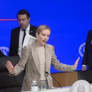 La conferenza stampa al termine del Consiglio dei Ministri sulla manovra. Nella foto: Giorgia Meloni, Matteo Salvini e Antonio Tajani