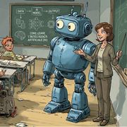 L'immagine è un'illustrazione generata con l'intelligenza artificiale che mostra un'insegnante affiancata da un robot, accanto a una lavagna. Entrambi stanno insegnando una materia scolastica agli studenti.