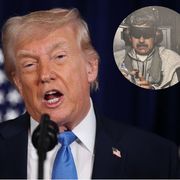Trump durante la conferenza stampa e nella foto nel cerchio Maduro subito dopo l'arresto