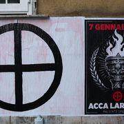 Uno striscione affisso per la commemorazione in via Acca Larenzia durante la celebrazione dell'anniversario della strage. ANSA/Emanuele Valeri