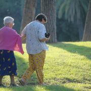 Nella foto si vedono una signora anziana con la sua badante mentre fanno una passeggiata in un parco