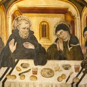 L’ultima cena condivisa tra santa Scolastica e san Benedetto (affresco di scuola umbra a Subiaco)