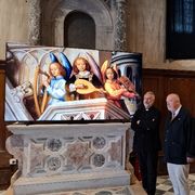 Don Gianmatteo Caputo e Lech Majewski alla presentazione dell'opera nella Chiesa di San Gallo a Venezia