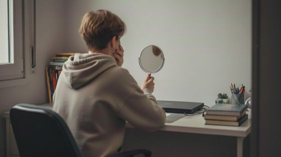 Un ragazzino si guarda allo specchio