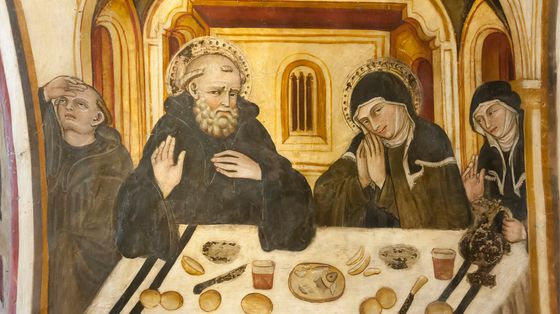 L’ultima cena condivisa tra santa Scolastica e san Benedetto (affresco di scuola umbra a Subiaco)