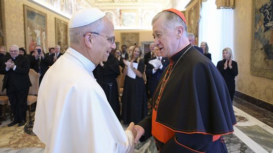 Vaticano, 9 ottobre 2025, papa Leone XIV saluta il cardinale Blase Cupich, arcivescovo di Chicago