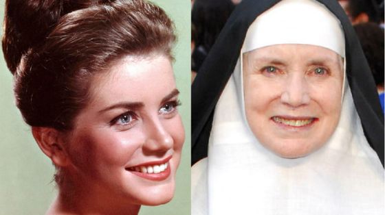Dolores Hart, da attrice nel 1959 e con gli abiti da religiosa benedettina