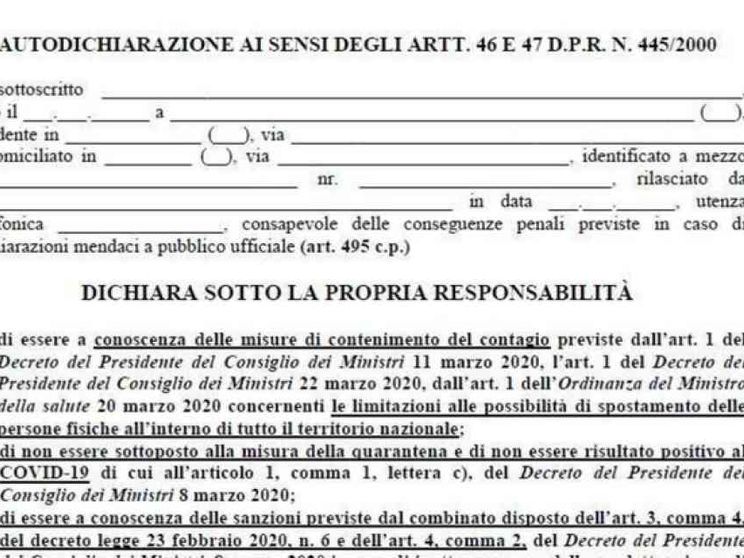 Ecco il nuovo modulo per l'autocertificazione degli spostamenti