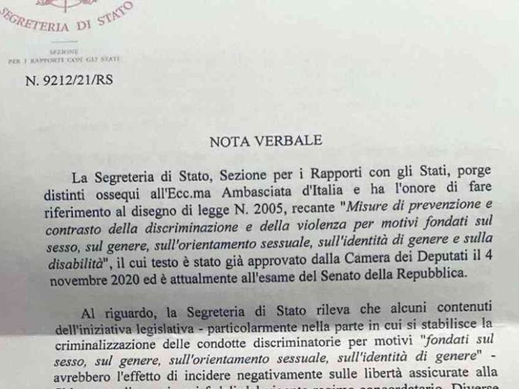 Ddl Zan, ecco il testo della nota della segreteria di Stato del Vaticano