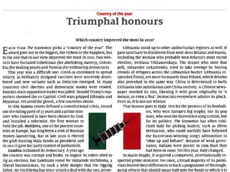 L'Economist incorona l'Italia di Draghi "Paese dell'anno"