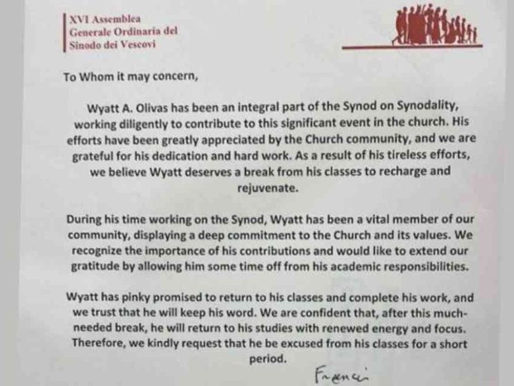 Lo studente «assente per Sinodo». Il Papa firma la giustificazione