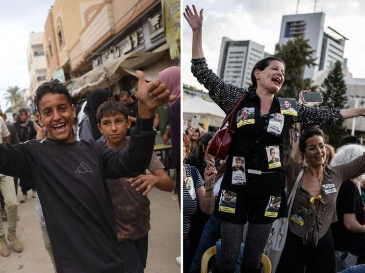 Due momenti dei festeggiamenti in strada a Gaza e Tel Aviv dopo il raggiungimento dell'accordo tra Israele e Hamas