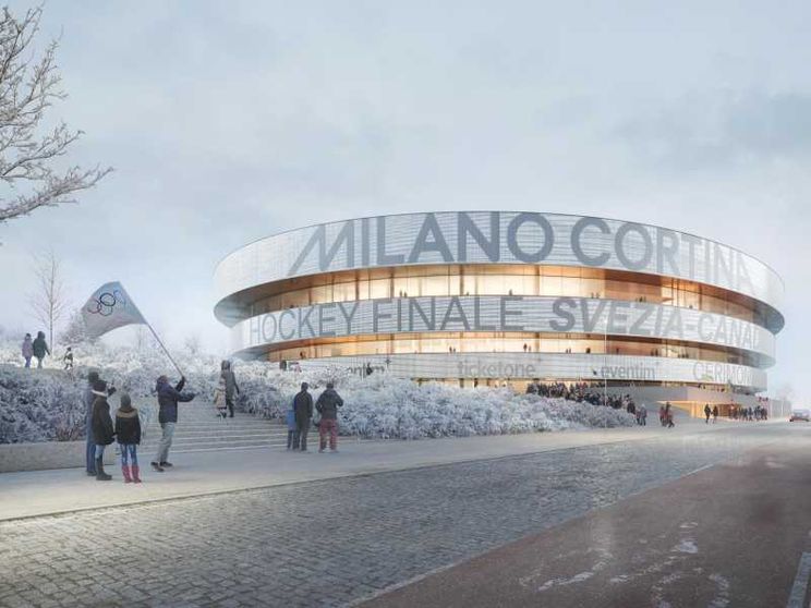 Rendering della nuova arena Milano Santa Giulia per le Olimpiadi di Milano Cortina 2026: l'edificio è ormai quasi completato