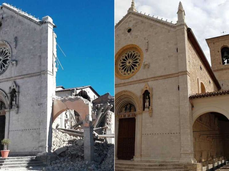 Una combo con a sinistra una foto del 30 ottobre 2016 che mostra la Basilica di San Benedetto di Norcia distrutta dal terremoto e a destra la Basilica oggi ricostruita. ANSA/MATTEO GUIDELLI/GIANLUIGI BASILIETTI