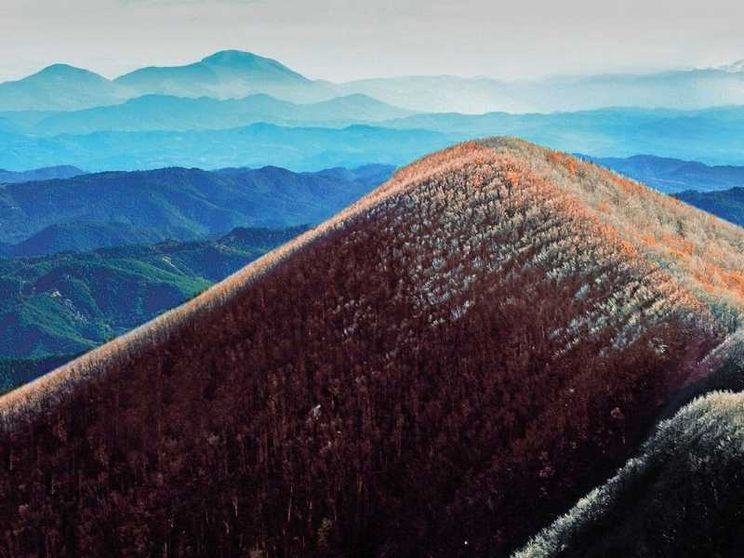 La visione dell'Alpe della Luna coni monti colorati del rosso degli alberi autunnali e sullo sfondo della catena degli Appennini
