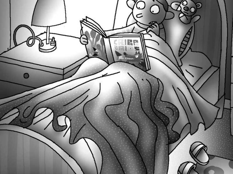 Un bimbo legge una fiaba nel su letto, al buio: l'illustrazione pubblicata su Popotus