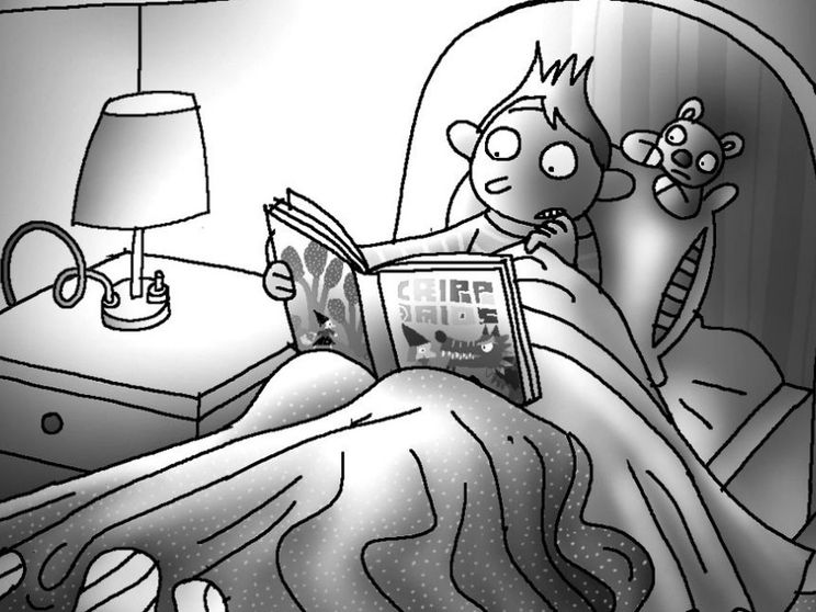 Un bimbo legge una fiaba nel su letto, al buio: l'illustrazione pubblicata su Popotus