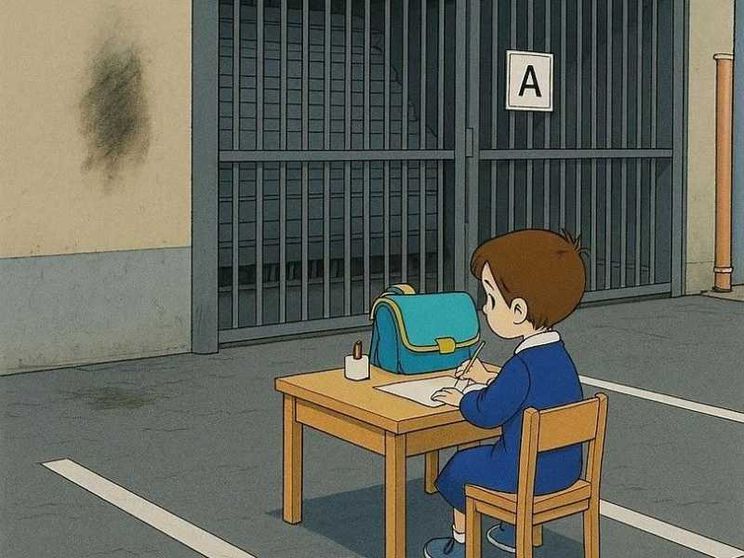 "Questa scuola non è un parcheggio" (immagine generata dalla IA partendo dalla famosa fotografia scattata davanti ad un istituto scolastico di Salerno durante la pandemia del 2020)
