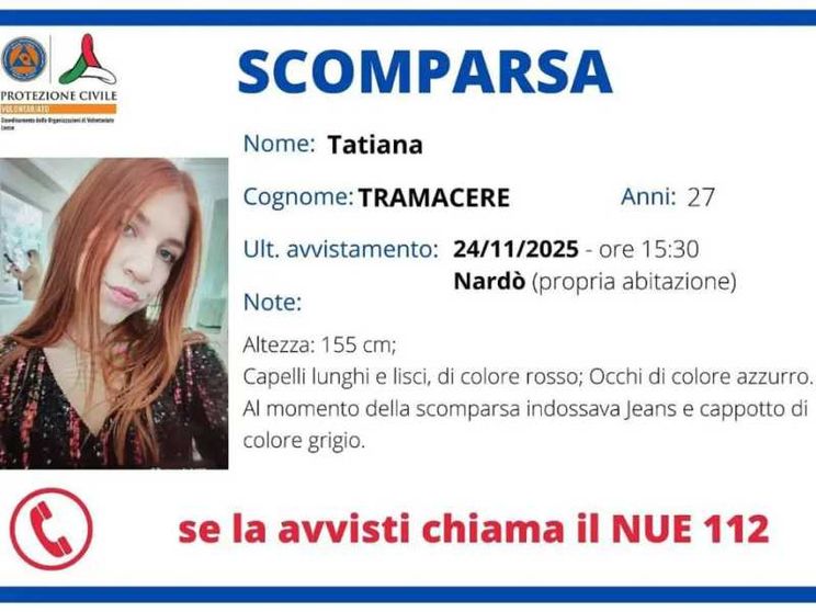 L'avviso diffuso dalla Protezione Civile per la ricerca di Tatiana Tramacere, la ragazza scomparsa, che vive a Nardò, in provincia di Lecce e ritrovata ieri