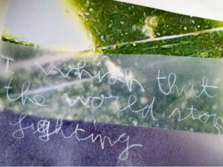 "I wish that the world stop fighting / Vorrei che il mondo smettesse di combattere"