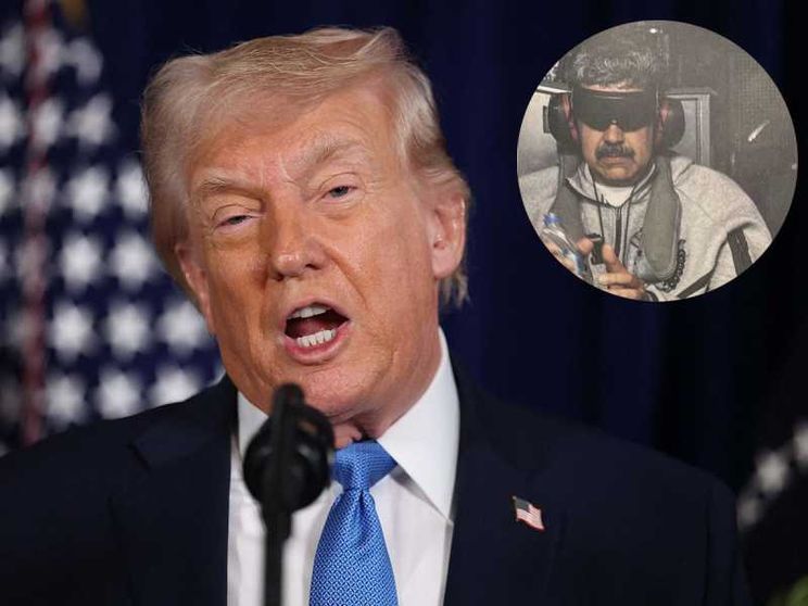 Trump durante la conferenza stampa e nella foto nel cerchio Maduro subito dopo l'arresto