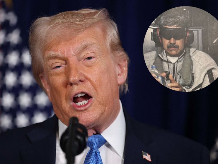 Trump durante la conferenza stampa e nella foto nel cerchio Maduro subito dopo l'arresto