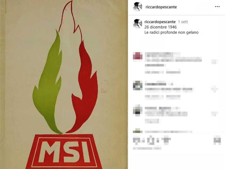 Il post del vicedirettore di Rai Sport, Riccardo Pescante, nel quale appare la fiamma tricolore del Movimento Sociale Italiano con la data di nascita 26 dicembre 1946 e lo slogan "le radici profonde non gelano"