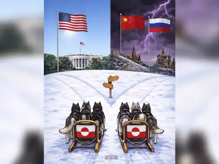 Il post su X della Casa Bianca che ritrae due slitte trainate da cani ferme ad un bivio. «Da che parte groenlandese?» si legge, di fronte alla scelta di procedere verso gli Stati Uniti o verso Cina e Russia