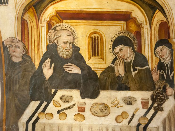 L’ultima cena condivisa tra santa Scolastica e san Benedetto (affresco di scuola umbra a Subiaco)
