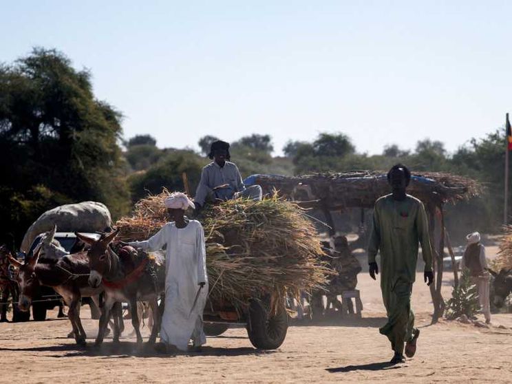 Una donna africana vestita di bianco guida a piedi un carretto trainato da un asino con a bordo il figlio e i pochi averi: fugge dalla guerra in Sudan