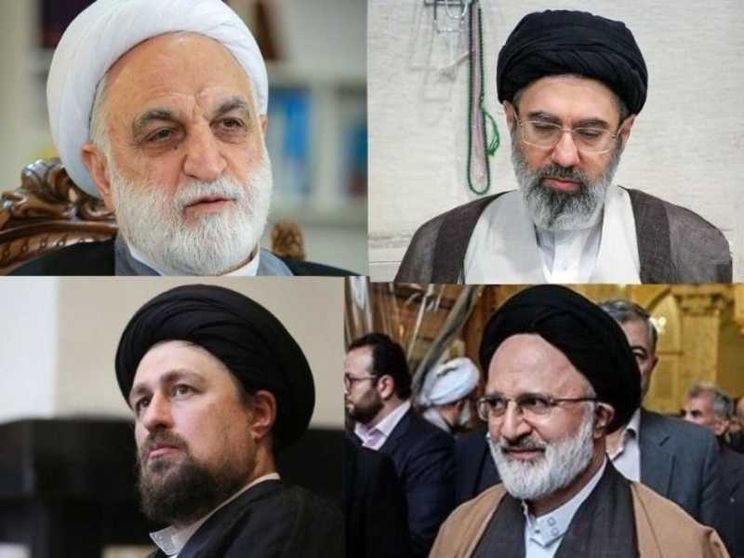 A partire dall'alto, a sinistra, e in senso orario: Gholam-Hossein Mohseni-Eje'i, Mojtaba Khamenei, Hassan Khomeini e Seyyed Ali Asghar Hejazi