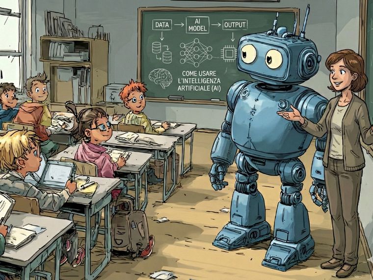 L'immagine è un'illustrazione generata con l'intelligenza artificiale che mostra un'insegnante affiancata da un robot, accanto a una lavagna. Entrambi stanno insegnando una materia scolastica agli studenti.