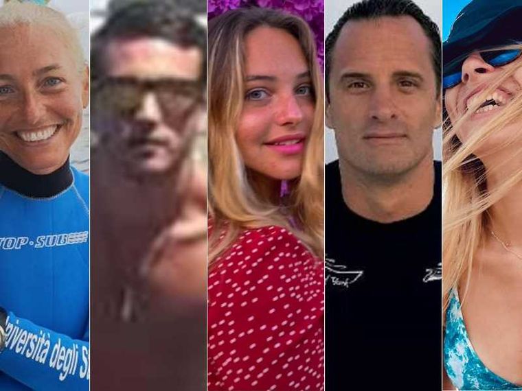 Nella combo, da sinistra Monica Montefalcone, Federico Gualtieri, Giorgia Sommacal, Gianluca Benedetti e Muriel Oddenino, morti in un'immersione alle Maldive