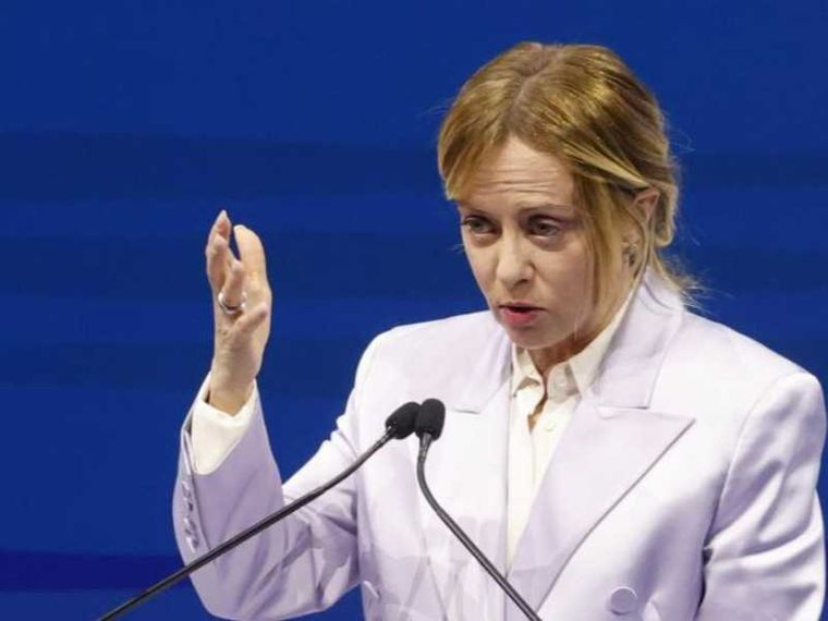 La presidente del consiglio Giorgia Meloni durante l'assemblea annuale Confindustria, Roma 26 maggio 2026. ANSA/FABIO FRUSTACI