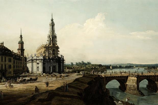 Bernardo Bellotto, 'Dresda dalla riva sinistra dell’Elba, il Castello a sinistra, la chiesa cattolica Hofkirche di fronte', 1748, olio su tela. Dresda, Gemäldegalerie Alte Meister (Scala'Bpk)