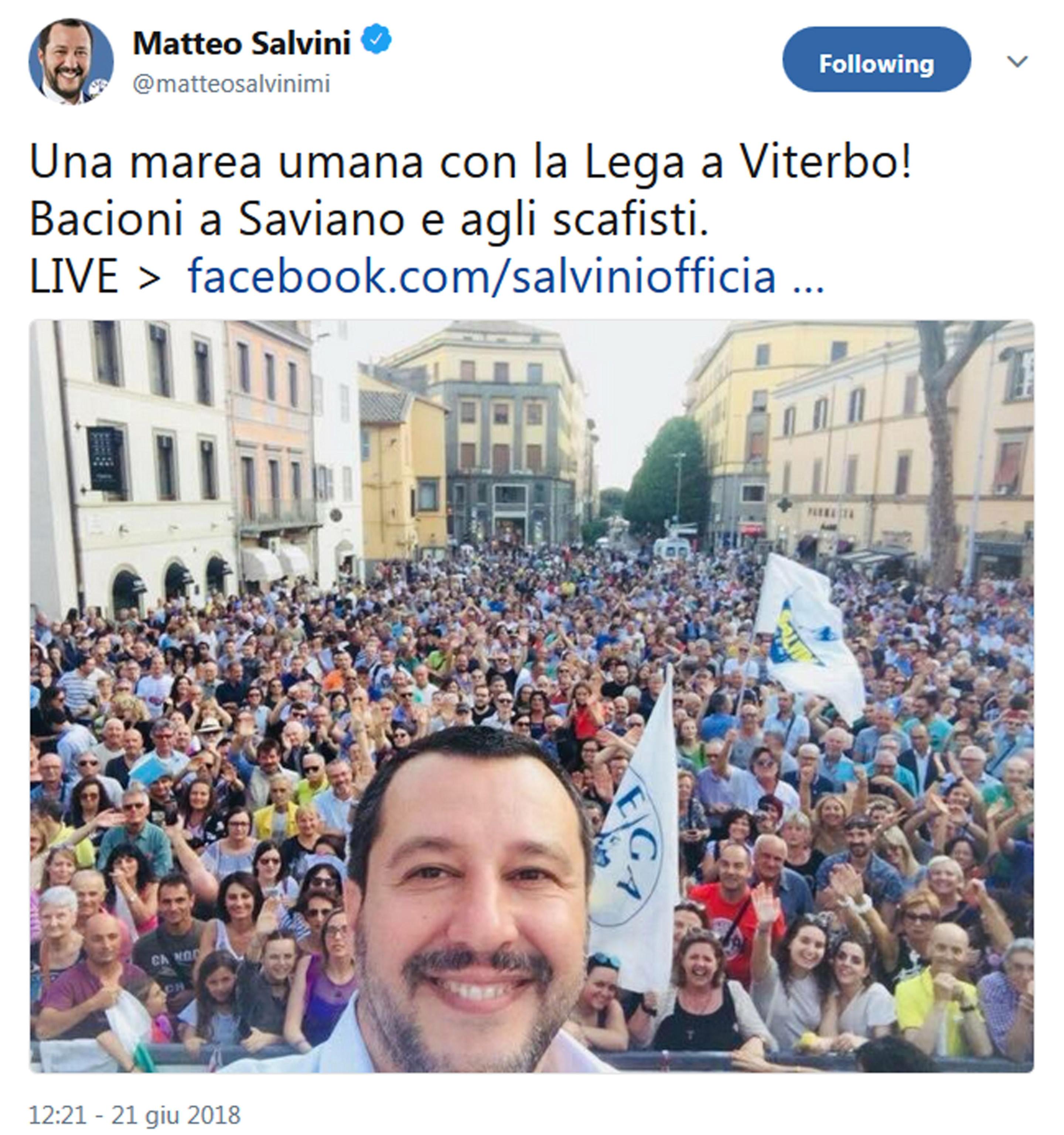Post Facebook di Salvini (Ansa)