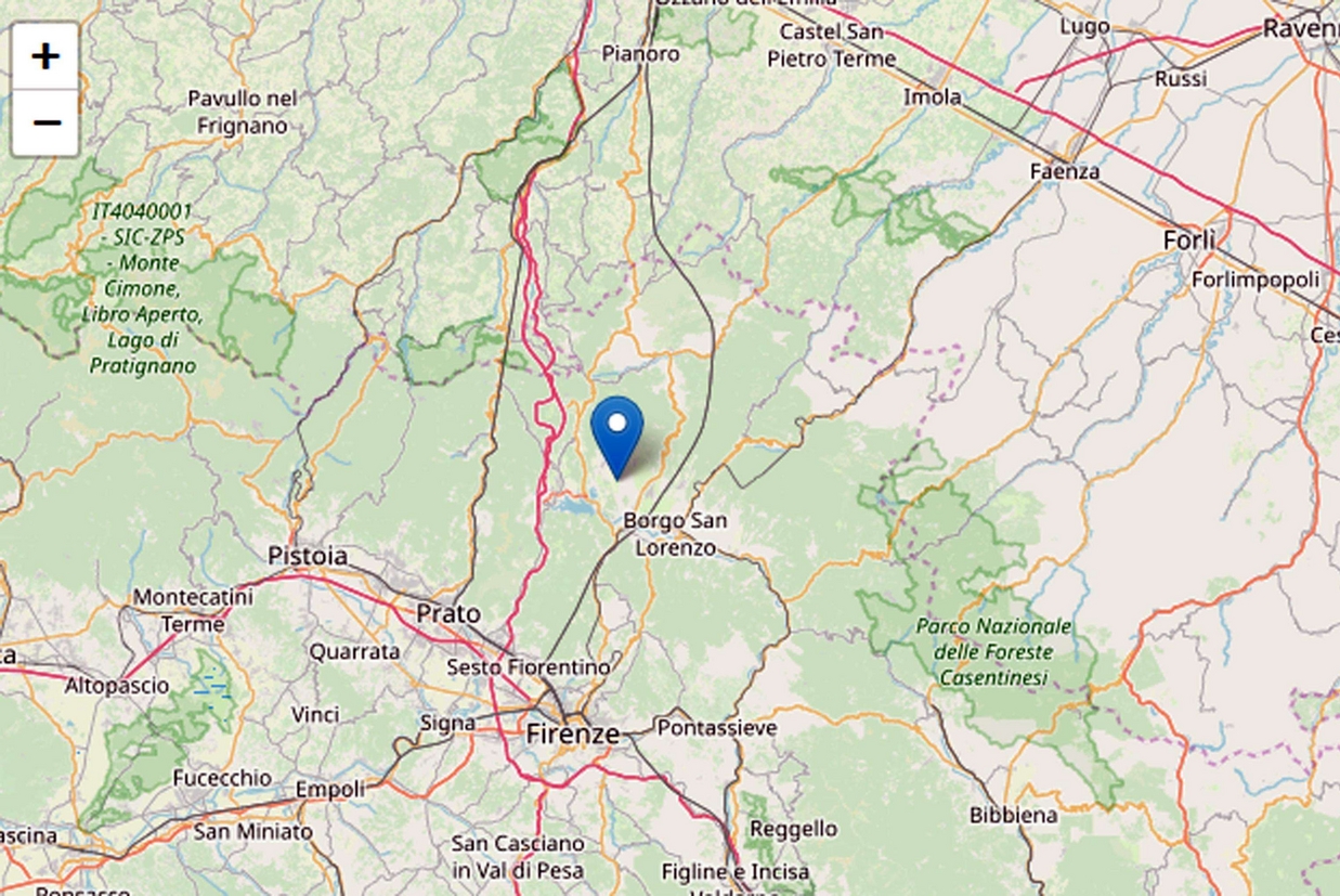L'area della Toscana colpita dal terremoto della scorsa notte. Non si sono registrati danni, tranne alla Pieve di Barberino di Mugello (Ansa)